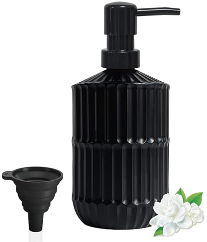 GKSCXEXE Black Soap Dispenser Bathroom, 450ml Glass Hand Soap Dispenser Kitchen Washing Up Liquid Dispenser with Plastic Pump & Funnel, Refillable Liquid Soap Container for Home, Hotel, Restaurant