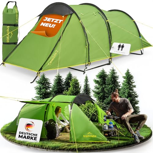 trailvista® Cevedale Zelt 4 Personen Wasserdicht, leicht, kompakt & schnell aufbaubare Zelte, Camping Zelt mit Vorzelt - Tent, Familienzelt, Tunnelzelt 4 Personen Zelt (grün - 2 Personen)