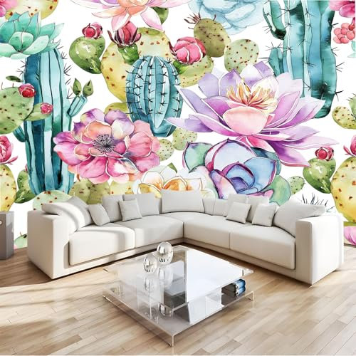 150 x 105 cm Photo Wallpaper, Watercolor Plant Cactus Print Non-Woven Mural Wallpaper for Living Room Bedroom Kids Room TV, Photo Mural, Poster, Wall Art, Color