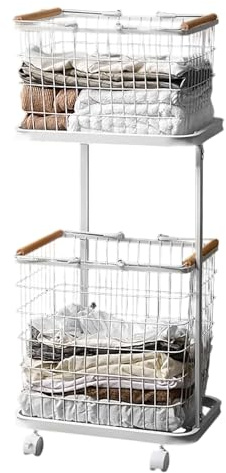2 Tier Rolling Laundry Basket,Removable Metal Wire Laundry Basket,Metal Sorter Storage Trolley Shelf Basket With Wheel,Movable Dirty Clothes Hamper for Bathroom,Bedroom or Kids Room(White)