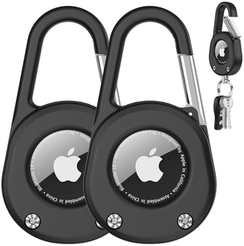 SCALLOP for AirTag Holder with Carabiner,Thick Hard PC AirTag Keyring,IPX8 Waterproof,Secure Lock,Transparent Window,Metal Spring Buckle,Universal Wheel Key Chain for Apple AirTag (Black 2 Pack)