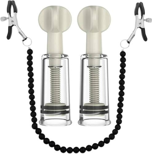 Nipple Sucker 2pcs Vacuum Suction Cup and Adjustable Nipple Clamps Bells Pearl Chain Sexual Pleasure Non Piercing Chain Nipple Clip on Jewelry Breast Clamps for Adult Women Sex Toys (Black)