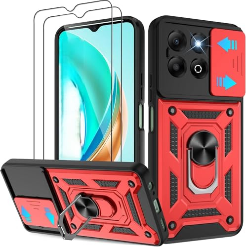 PIXFAB for Motorola Moto G56 Case with 2 x Screen Protector Tempered Glass, Shockproof Case with Camera Lens Protection, Protective Ring Armour Phone Case Cover with [Kickstand] - Red
