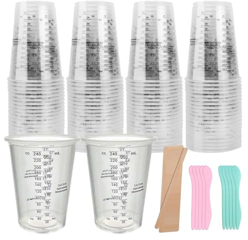 DYOUEN 8 Unzen 240ML 50 Stk Mischbecher 40Stk Die Rührstange Messbecher Epoxidharz aus Kunststoff Lackmischbecher Lebensmittelqualität Wiederverwendbare mit Mischstäbchen