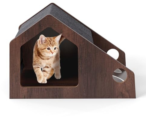 GYMAX 2 en 1 Katzenhaus mit Futternapf, 60 x 40 x 40 cm, Katzenhöhle aus Holz mit abnehmbarem Dach & Metallrahmen, Katzenversteck Indoor für große Katzen