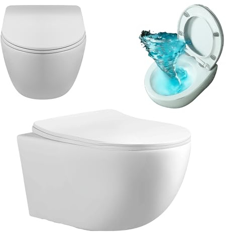 AquaUno WC sospeso senza bordo Tornado Flush 360° - Toilette Rimless bianca in ceramica sanitaria, pulsante di scarico silenzioso, sedile Duroplast Soft-Close & Quick-Release, incluso set di montaggio