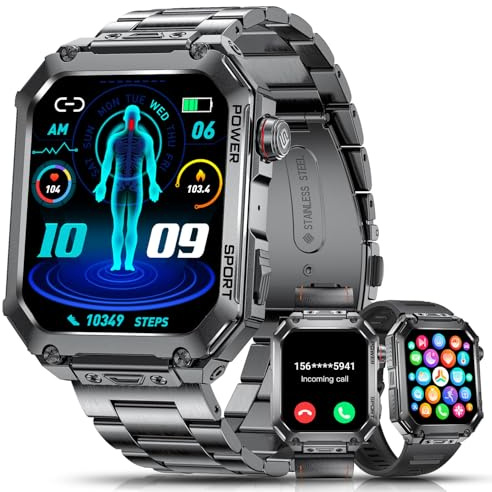 ESFOE Reloj Inteligente Hombre(3 Correas),1.96 Militar Smartwatch Hombre con Llamadas,5ATM Impermeable, 400mAh, 100+ Modos Deportivos/24H Pulsómetro/Sueño/Podómetro Pulsera Actividad Negro Metalizado
