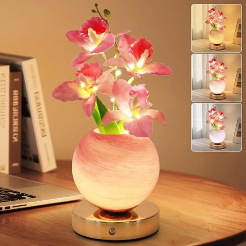 Wekity Orchid Flower Lamps, 3 Colors Dimmable Planet Night Light, Rechargeable Cordless Orchid Small Table Lamp for Date Party Home Decoration (Pink Orchid)