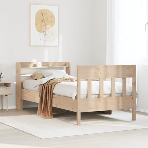 Kaloriko Massivholzbett Kiefernholz 90x200 cm, unbehandelt, mit Lattenrost und Kopfteil, Ablagen für Stauraum, stabiles Bettgestell für Schlafzimmer