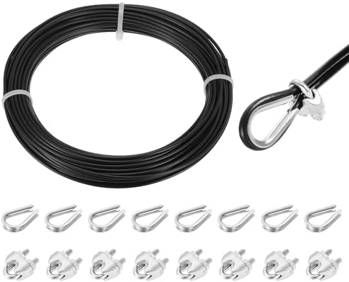 QUARKZMAN 20 m 304 rostfritt stål kabel med 2 mm vinylbeläggning med 8 skruvar och ögleringar för räcken, däck, hängning, klädstreck, svart, 66 ft