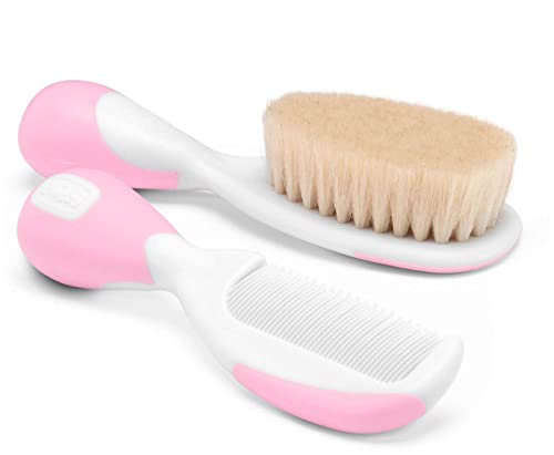 Chicco Set de Cepillo y Peine para Bebé, Cepillo con Cerdas Suaves Naturales, Puntas Redondeadas, Mango Antideslizante, Regalo para Bebés, Esencial en el Neceser del Bebé, Color Rosa