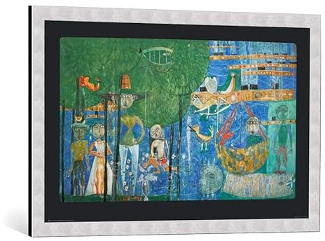 kunst für alle Bild mit Bilder-Rahmen: Friedensreich Hundertwasser Paradies - Land der Menschen Vögel und Schiffe - dekorativer Kunstdruck, hochwertig gerahmt, 90x56 cm, Silber gebürstet
