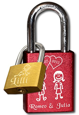 3Dglas Buntes Familien Liebesschloss (Familie, mit kleinem Zusatzschloss)| 1x 40mm (Rot) + 1x 25mm (Messing, goldfarben)