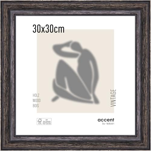 accent by nielsen Holz Bilderrahmen Vintage, 30 x 30 cm, Schwarz | Holz Rahmen im Hoch- & Querformat zum Aufhängen Schwarz gebürstet Echtglas
