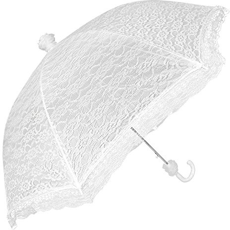 PERLETTI Ombrello Sposa in Pizzo Bianco da Donna - Classico Automatico per Matrimonio, Pioggia e Sole - Elegante per Cerimonia con Manico di Pizzo - Diametro 87 cm