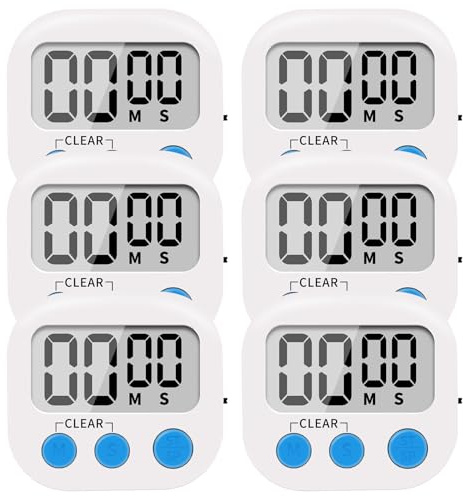 LinkDm 6 Pack Small Digital Kitchen Timer Magnetic Back and ON/Off Switch,Minute Second Count Up Countdown, White