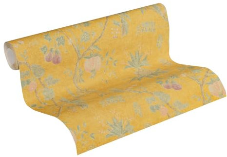 A.S. Création Livingwalls Vliestapete 10,05 m x 0,53 m mit Vintage Blumenmuster - Gelb - strukturierte Blumentapete Made in Germany - 367194