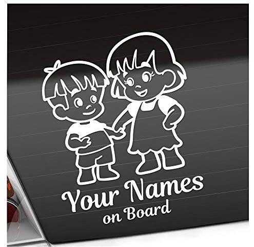 Babyaufkleber - Weiß - Geschwister Junge Mädchen Sticker - mit Wunschtext individuell personalisiert + on Board 20cm - für Auto, Motorrad, Fahrrad, Tuning