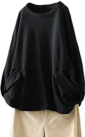 FTCayanz Donna Manica Lunga Camicia Girocollo Oversize Felpa Casual Tunica Pullover Top con Tasche Nero XL