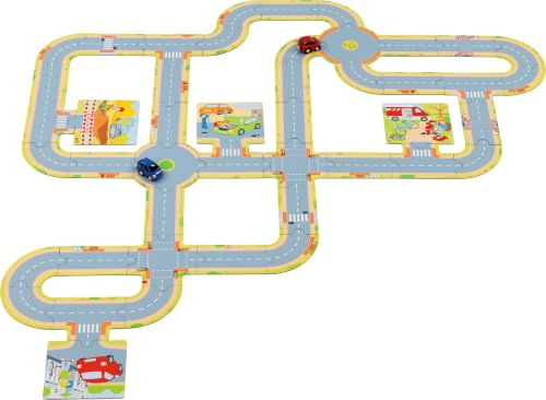 Spielstraße mit 2 Fahrzeugen Verkehrskreisel Ø 14 cm, Pappe, Spritzguss, 47 Teile, Set
