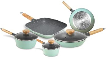 Aeternum Green Induction Wood, Batteria 8 Pezzi, Padelle Antiaderenti, Adatto a Induzione, Manici in Legno di Faggio, Include 3 Padelle, 2 Casseruole, 3 Coperchi, 100% materiali riciclabili, Verde