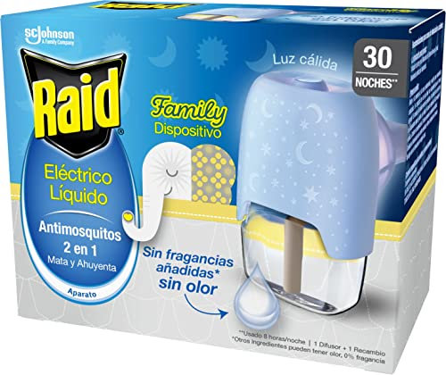 Raid® Eléctrico líquido Family 30 noches - Enchufe anti mosquitos común y tigre 2 en 1, mata y ahuyenta. Aparato + Recambio, sin olor, El embalaje puede variar