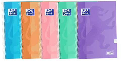 Oxford, Cuadernos A4 (Folio) Cuadrícula 4x4, Tapa Extradura, 80 Hojas, Pack 5 Libretas, Colores Pastel