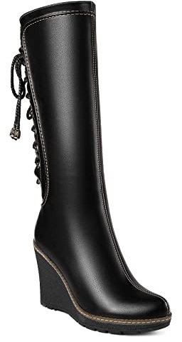 ANN CREEK Women's Knee High Boots Wedge Heel Mid Calf High Heeled Boots for Women Dressy Lace Up Zipper Round Toe Black US7