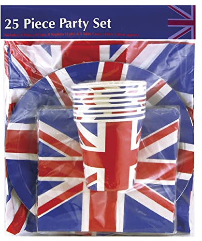 Costume and Party Store 25 Stück Union Jack Servietten/Tasse/Tischdecke/Teller, Geschirr, Queen's Platinum Jubilee 2022 Partyzubehör Britain GB UK Sportveranstaltung Pub BBQ Royal Thema
