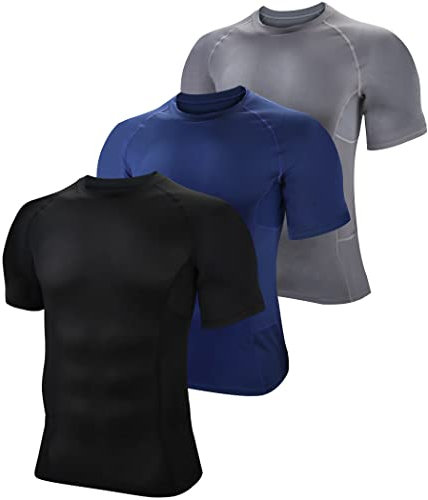 BOOMCOOL Lot de 3 t-shirts de compression à manches courtes pour homme, Noir, gris, bleu., Taille M
