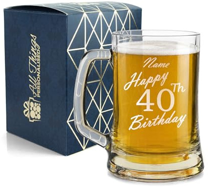 Personalised Engraved Tankard Beer Mug Stein Happy 40th Birthday Handwritten Design Gift Boxed, 16.75oz/495ml Classic Beer Glass, Any Name, Engraved in The UK