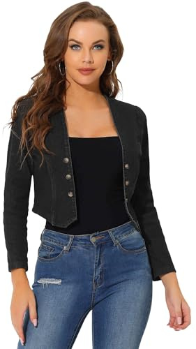 Allegra K Denim Collarless Cropped Jackets for Women's Open Front Jean Cardigan Bolero Shrug X-Small Black