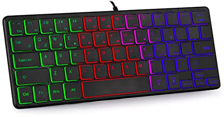 abucow Mini clavier rétroéclairé USB filaire portable silencieux ultra compact petit clavier de jeu 64 touches pour PC/Mac Gamer dactylographe, voyage facile à transporter en voyage d'affaires