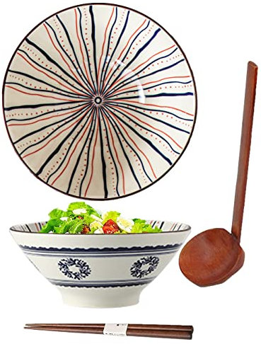 ZPPLD 1100ml Tazón Cerámica Ramen,Cuenco Japonés Cerámica Ramen,Ensaladera Cerámican,Ramen Bowl con cuchara Palillos,Tazones sopa Porcelana,Apto para lavavajillas y microondas (F)