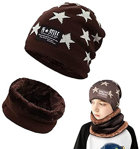 AOMAIGAD Conjunto de Gorro de Punto Invierno Térmico y Bufanda para Niños, Conjunto Gorro y Bufanda de Punto 2 en 1, con Forro de Lana para Niños y Niñas, 5-16 años