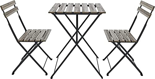 Bricozone Set Bistrot Tavolino Pieghevole e 2 Sedie Salvaspazio in Legno Acacia e Metallo per Patio Giardino Veranda Esterno Balcone Piscina Terrazzo Design Industrial Marrone e Nero
