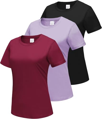 DMVOD 3-Pack T-Shirt a Maniche Corte in Cotone da Donna Top da Allenamento per Signore T-Shirt basiche Aderenti T-Shirt Semplice Girocollo Black/Purple/Red-XL