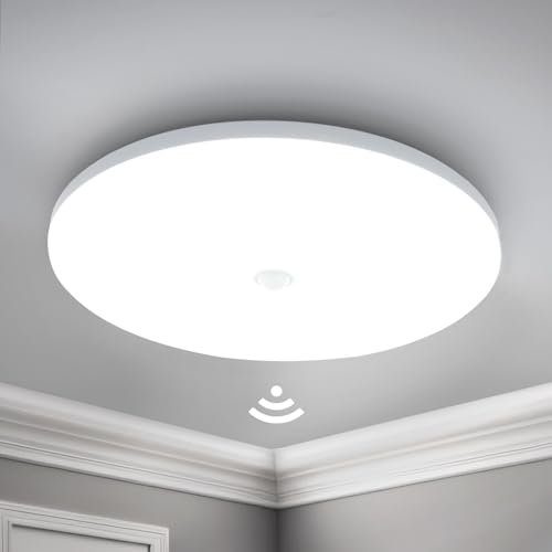 Yafido 18W Plafoniera LED Soffitto con Sensore di Movimento, Ø30 cm Lampada a Soffitto Ultra Sottile Rotonda, 6000K Bianco Freddo Plafoniera per Corridoio, Garage, Ingresso, Scala