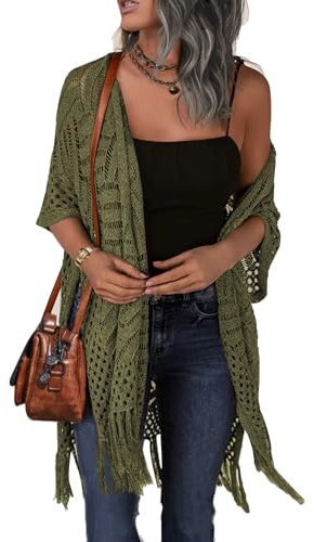 HOTOUCH Womens Crochet Kimono Cardigan Open Front Knit Hollow Out Lightweight Cover Up with Tassel S-XXL Army Green
