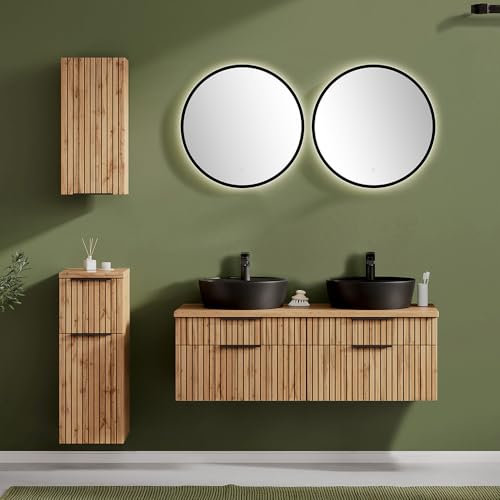 Lomadox Badmöbel Set 5-teilig inkl. Doppelwaschtisch 120cm in Eiche, Fronten gestreift | Aufsatzbecken schwarz, Spiegel mit LED