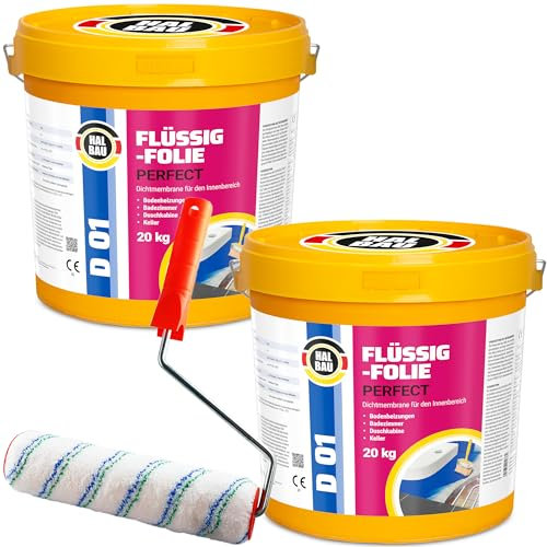 HALBAU Flüssigfolie Profi 40kg, Abdichtung für Bad, Dusche, Innenbereich, Wassersperre unter Fliesen + Farbroller 25cm Set D01