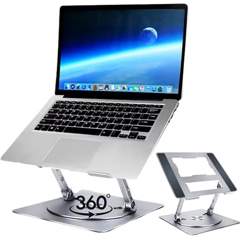 KHROMAX Soporte Portátil Giratorio 360° para Laptop 10-17”, Altura Ajustable, Aluminio Plegable y Antideslizante