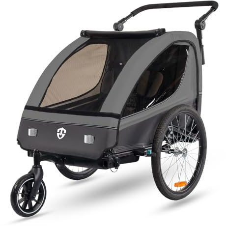 Tiggo VS Kinderanhänger 360° Drehbar mit Federung 2in1 Fahrradanhänger mit Buggy Set Jogger 5-Punkt Gurt Fahrrad Anhänger für 1 bis 2 Kinder max. 40kg (Dunkel Grau)