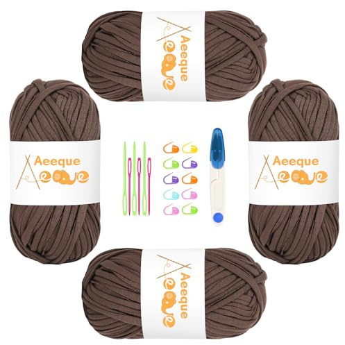 Aeeque 4 x 100g Tshirt Garn, T-shirt Garn zum Häkeln und Stricken, Bändchengarn für Körbe,Dicke Häkelgarn für Häkeltaschen, Teppiche, Mütze, Dunkel Khaki