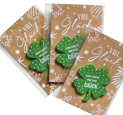 Logbuch-Verlag 3 Mini Glücksbringer Geschenke Glücksklee für Silvester Neujahr Schulanfang mit Viel Glück Karte 8,5 x 5,5 cm