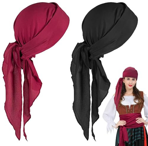 AUNGKWANG 2 Piezas Paquete de Long Tail Durag, Bandana pirata, Pañuelo pirata para la cintura, Unisex Poliéster Turbante Sedoso Durag de Onda Transpirable Pirata Cap de Hombres Mujeres