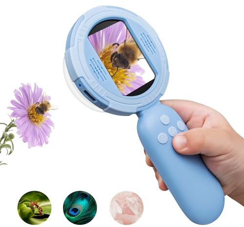 TINYLENS Mia Kids Microscope, Mini Digital Microscope for Kids with 2'' IPS Screen, Handheld Mini Scope Educational Science Toy Kit, Christmas/Birthday Gifts for Kids Aged 3-6,7-12 (Blue)