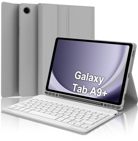 SENGBIRCH Teclado para Samsung Galaxy Tab A9 Plus 11, Funda con Teclado Galaxy Tab a9+ 2023, Español Ñ Bluetooth Teclado para Samsung A9 Plus 11 Pulgadas 2023 (SM-X210/ X216/ X218), Gris Claro
