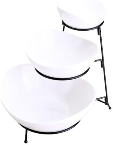 OZBME Cutlery Kitchen Counter 3 Tier White Fruit Bowl Set with 3 Oval Porcelain Serving Bowl & Metal Rack for Easy Storage Fruit Tray