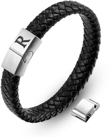 AFSTALR Läderarmband armband män läder svart med gravyr A-Z bokstäver armband magnetlås personligt herrarmband armband smycken presenter för män, 21.5 cm, Konstläder